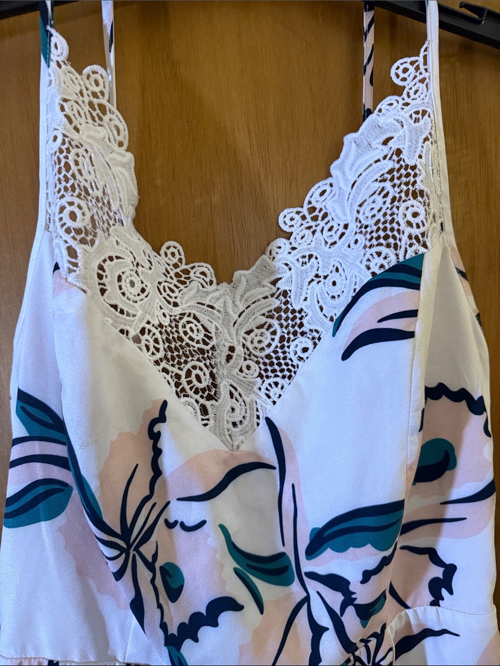 Lace-Trim Floral Print Romper in White and Teal - Picture 3 of 5
